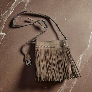 MICHAEL KORS Taupe Suede Fringe Crossbody Bag